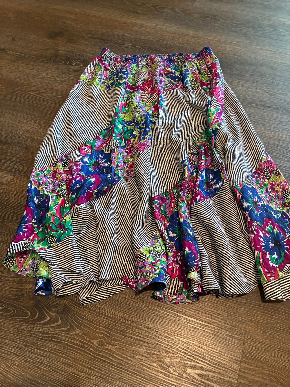 Striped Patchwork Floral A-Line Maxi Skirt - Multicolor